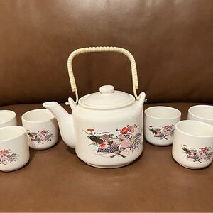 Japanese Porcelain Fans & Flowers Teapot with 6 Tea Cups RARE FIND